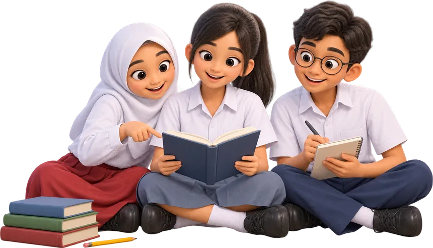 Tiga murid berseragam belajar bersama membaca buku