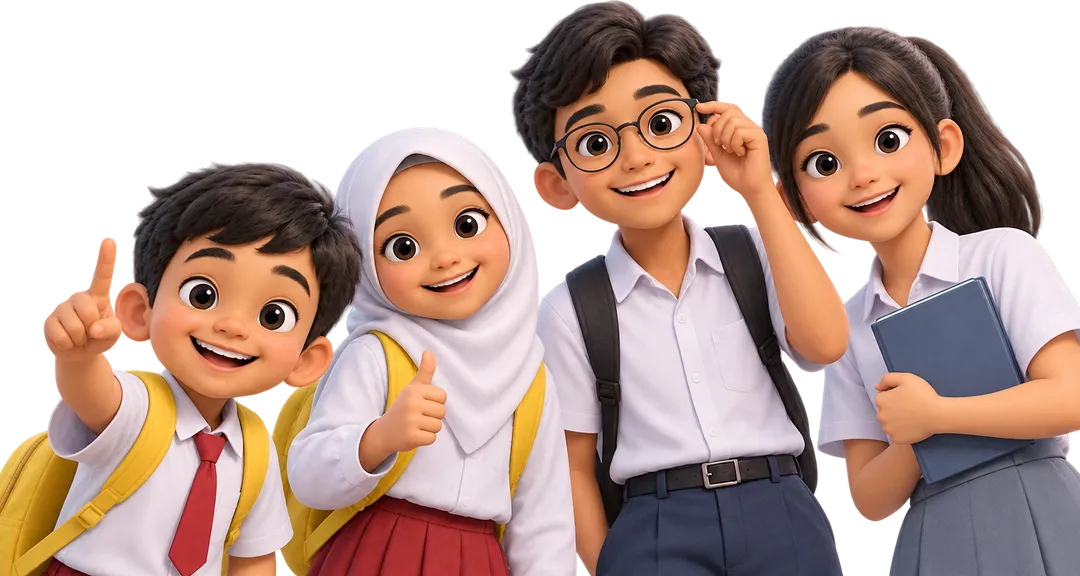 Empat murid Rumah Belajar Bright berseragam SD, SMP, dan SMA tersenyum bersama
